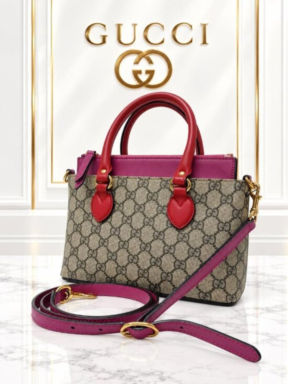 Authentic Gucci GG Supreme Mini Tote Leather Crossbody Ophidia Style